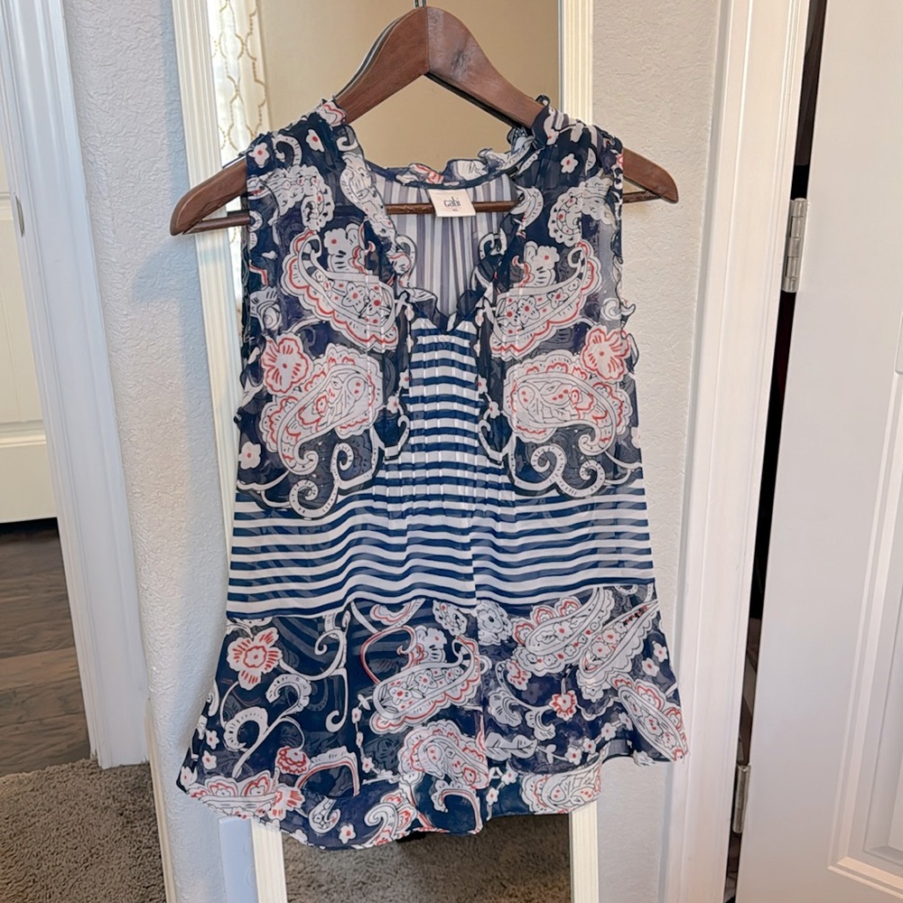 CAbi Sheer Peplum sleeveless paisley blouse - sleeveless - navy/red/white - XS